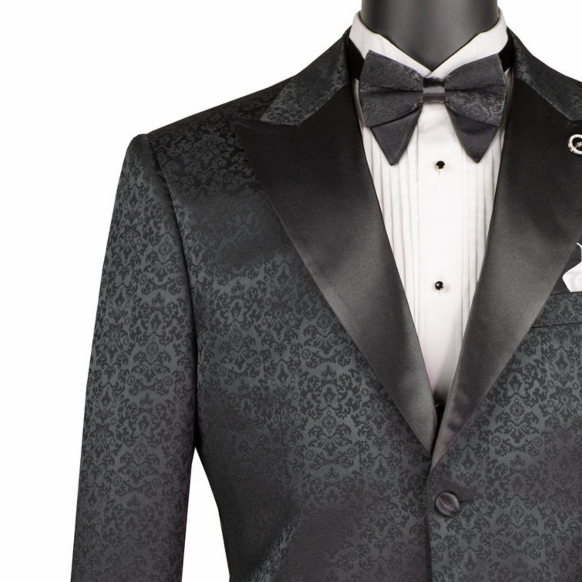 VINCI Men's Black Floral Jacquard 2 Button Regular Fit Tuxedo Jacket – NEW. Features an elegant floral jacquard pattern, wide peak lapel, fully lined construction, and classic silhouette for polished formal style. Ideal for weddings, proms, holiday parties, and black-tie events. Available at Fashion House Inc. (FH Menswear, Style #BF-9)
