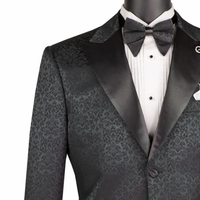 VINCI Men's Black Floral Jacquard 2 Button Regular Fit Tuxedo Jacket – NEW. Features an elegant floral jacquard pattern, wide peak lapel, fully lined construction, and classic silhouette for polished formal style. Ideal for weddings, proms, holiday parties, and black-tie events. Available at Fashion House Inc. (FH Menswear, Style #BF-9)