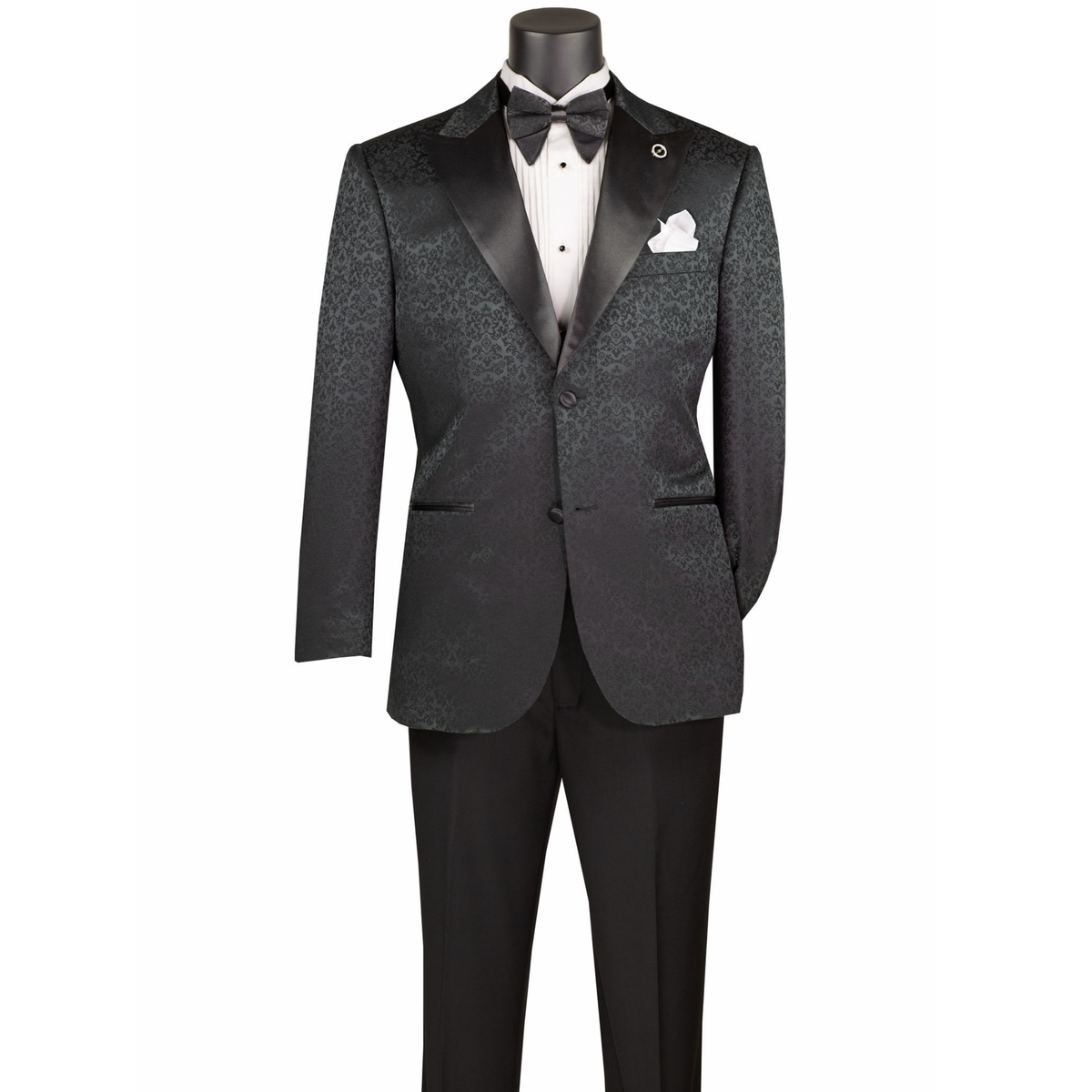 VINCI Men's Black Floral Jacquard 2 Button Regular Fit Tuxedo Jacket – NEW. Features an elegant floral jacquard pattern, wide peak lapel, fully lined construction, and classic silhouette for polished formal style. Ideal for weddings, proms, holiday parties, and black-tie events. Available at Fashion House Inc. (FH Menswear, Style #BF-9)