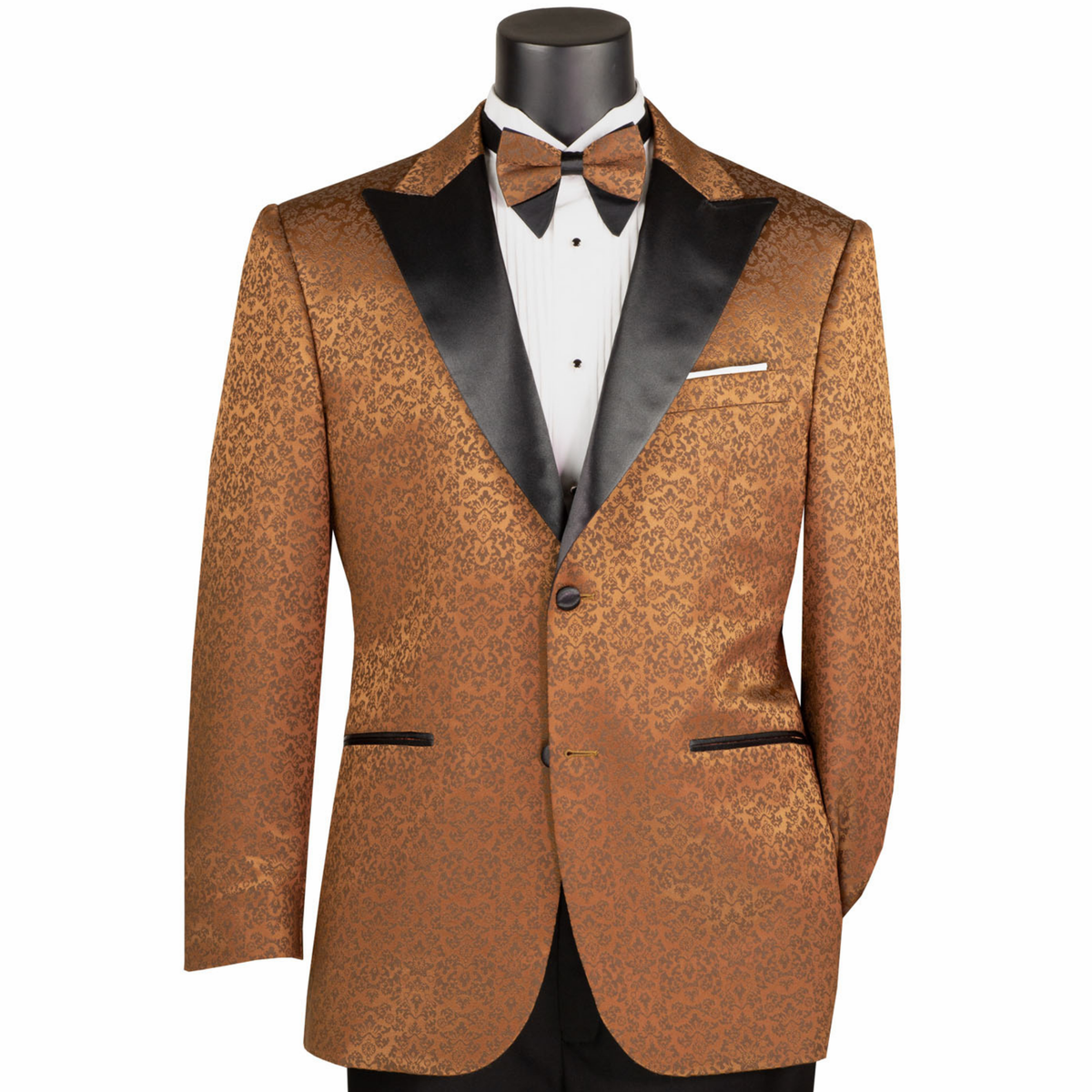 VINCI Men's Brown Floral Jacquard 2 Button Regular Fit Tuxedo Jacket – NEW. Features an elegant floral jacquard pattern, wide peak lapel, fully lined construction, and classic silhouette for polished formal style. Ideal for weddings, proms, holiday parties, and black-tie events. Available at Fashion House Inc. (FH Menswear, Style #BF-9)