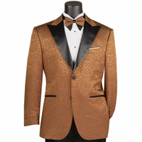 VINCI Men's Brown Floral Jacquard 2 Button Regular Fit Tuxedo Jacket – NEW. Features an elegant floral jacquard pattern, wide peak lapel, fully lined construction, and classic silhouette for polished formal style. Ideal for weddings, proms, holiday parties, and black-tie events. Available at Fashion House Inc. (FH Menswear, Style #BF-9)