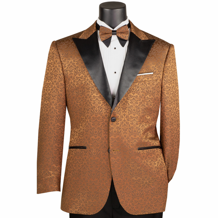 VINCI Men's Brown Floral Jacquard 2 Button Regular Fit Tuxedo Jacket – NEW. Features an elegant floral jacquard pattern, wide peak lapel, fully lined construction, and classic silhouette for polished formal style. Ideal for weddings, proms, holiday parties, and black-tie events. Available at Fashion House Inc. (FH Menswear, Style #BF-9)