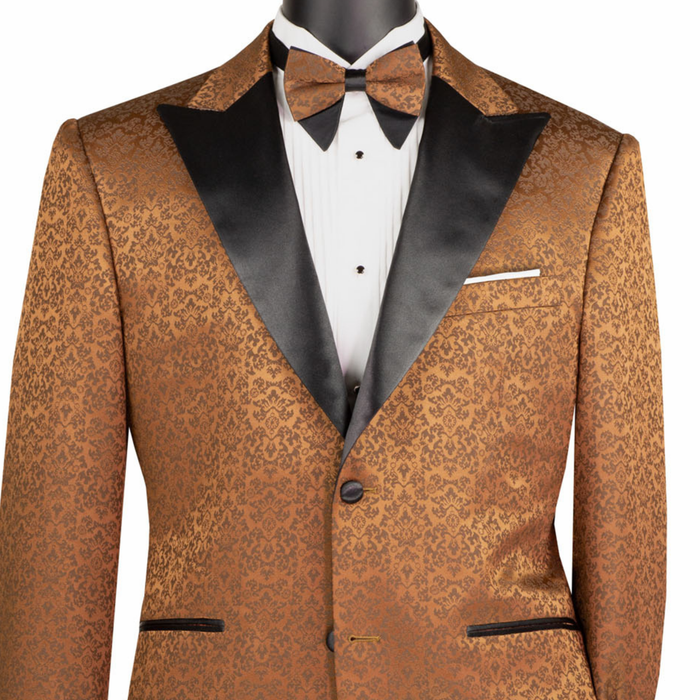 VINCI Men's Brown Floral Jacquard 2 Button Regular Fit Tuxedo Jacket – NEW. Features an elegant floral jacquard pattern, wide peak lapel, fully lined construction, and classic silhouette for polished formal style. Ideal for weddings, proms, holiday parties, and black-tie events. Available at Fashion House Inc. (FH Menswear, Style #BF-9)