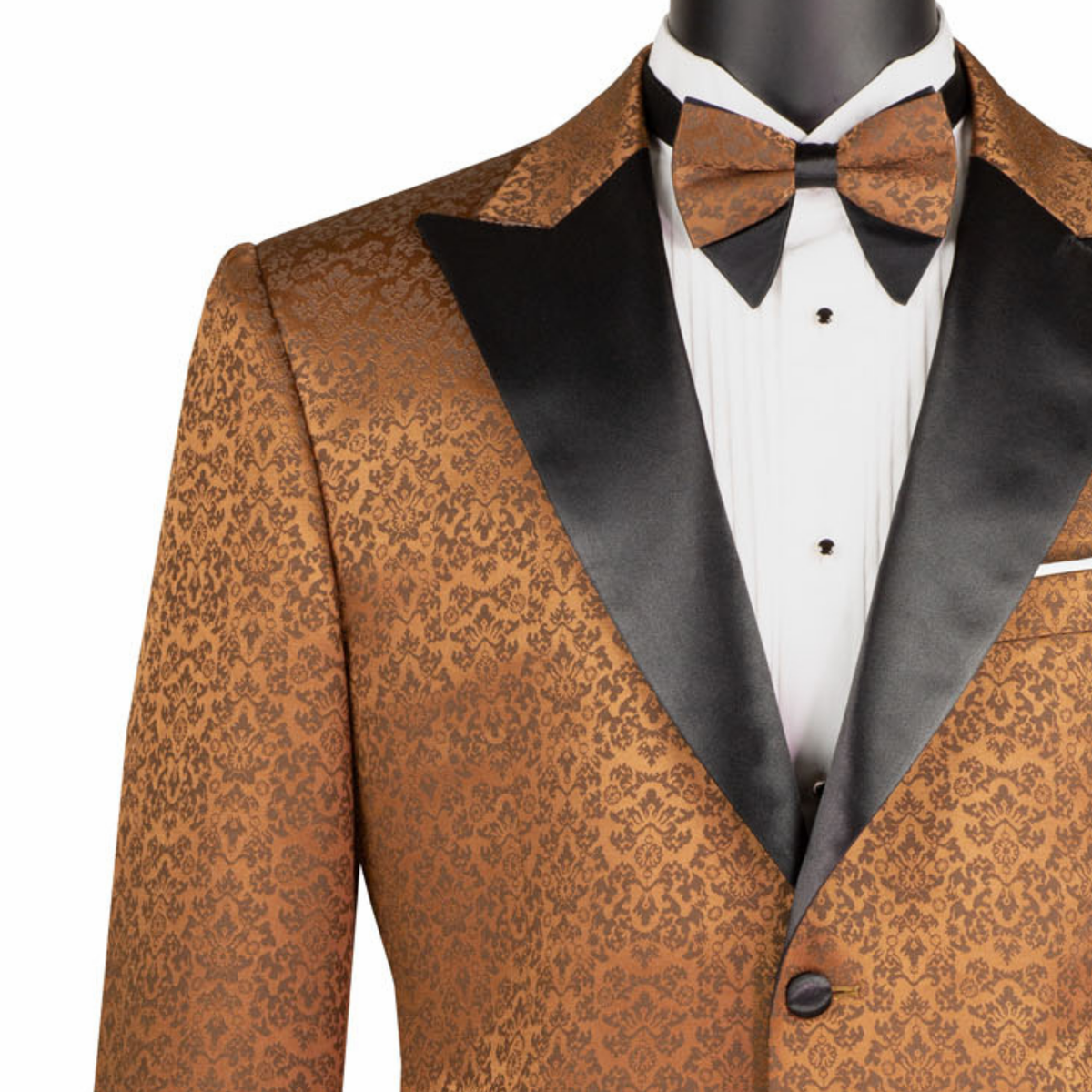 VINCI Men's Brown Floral Jacquard 2 Button Regular Fit Tuxedo Jacket – NEW. Features an elegant floral jacquard pattern, wide peak lapel, fully lined construction, and classic silhouette for polished formal style. Ideal for weddings, proms, holiday parties, and black-tie events. Available at Fashion House Inc. (FH Menswear, Style #BF-9)