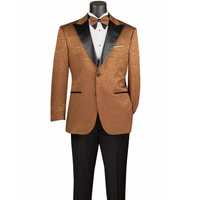 VINCI Men's Brown Floral Jacquard 2 Button Regular Fit Tuxedo Jacket – NEW. Features an elegant floral jacquard pattern, wide peak lapel, fully lined construction, and classic silhouette for polished formal style. Ideal for weddings, proms, holiday parties, and black-tie events. Available at Fashion House Inc. (FH Menswear, Style #BF-9)