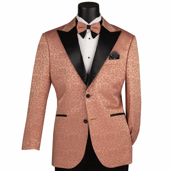 VINCI Men's Clay Floral Jacquard 2 Button Regular Fit Tuxedo Jacket – NEW. Features an elegant floral jacquard pattern, wide peak lapel, fully lined construction, and classic silhouette for polished formal style. Ideal for weddings, proms, holiday parties, and black-tie events. Available at Fashion House Inc. (FH Menswear, Style #BF-9)