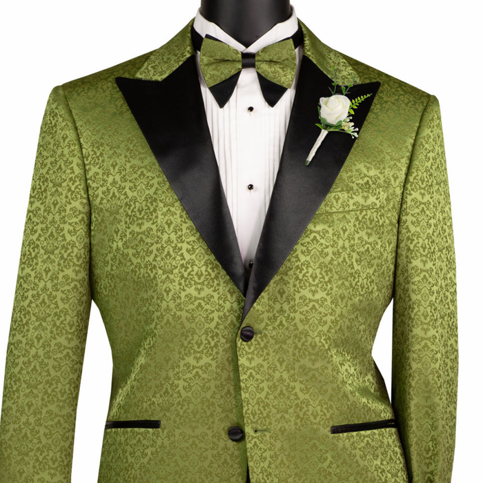VINCI Men's Pesto Floral Jacquard 2 Button Regular Fit Tuxedo Jacket – NEW. Features an elegant floral jacquard pattern, wide peak lapel, fully lined construction, and classic silhouette for polished formal style. Ideal for weddings, proms, holiday parties, and black-tie events. Available at Fashion House Inc. (FH Menswear, Style #BF-9)
