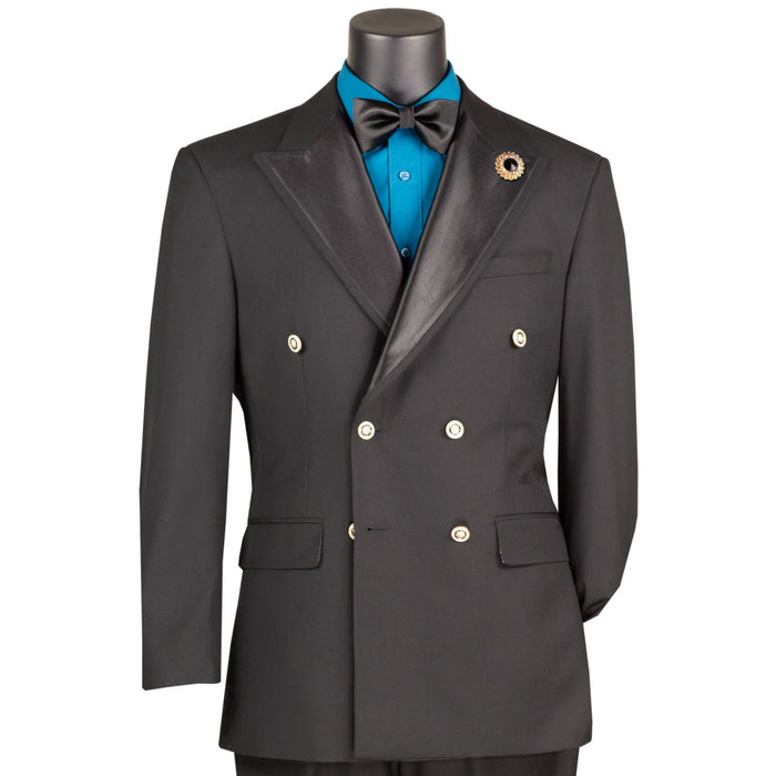 VINCI Men's Black Double-Breasted Modern Fit Tuxedo Jacket – NEW. Features a tailored modern fit silhouette with sateen peak lapel, covered buttons, and fully lined construction for a polished black-tie look. Ideal for weddings, formal events, and elegant evenings. Available at Fashion House Inc. (FH Menswear, Style #BM-DB)