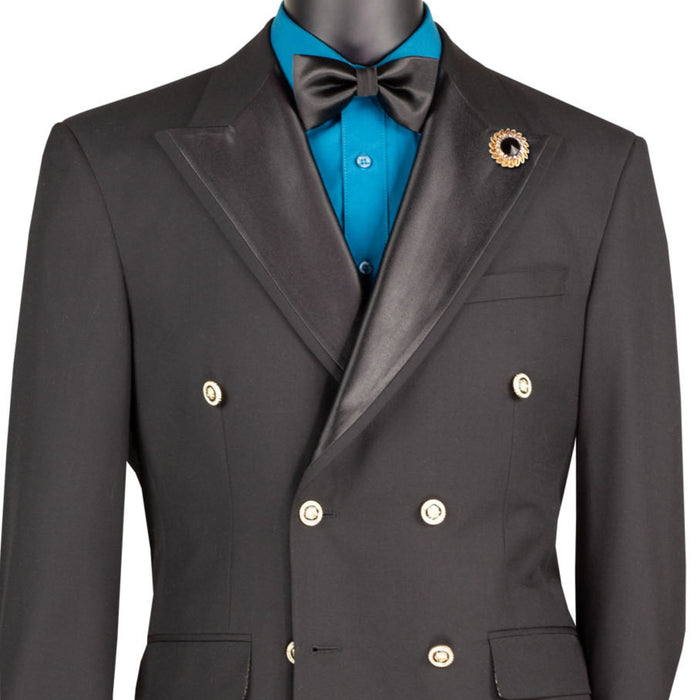 VINCI Men's Black Double-Breasted Modern Fit Tuxedo Jacket – NEW. Features a tailored modern fit silhouette with sateen peak lapel, covered buttons, and fully lined construction for a polished black-tie look. Ideal for weddings, formal events, and elegant evenings. Available at Fashion House Inc. (FH Menswear, Style #BM-DB)