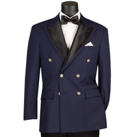 VINCI Men's Midnight Blue Double-Breasted Modern Fit Tuxedo Jacket – NEW. Features a tailored modern fit silhouette with sateen peak lapel, covered buttons, and fully lined construction for a polished black-tie look. Ideal for weddings, formal events, and elegant evenings. Available at Fashion House Inc. (FH Menswear, Style #BM-DB)