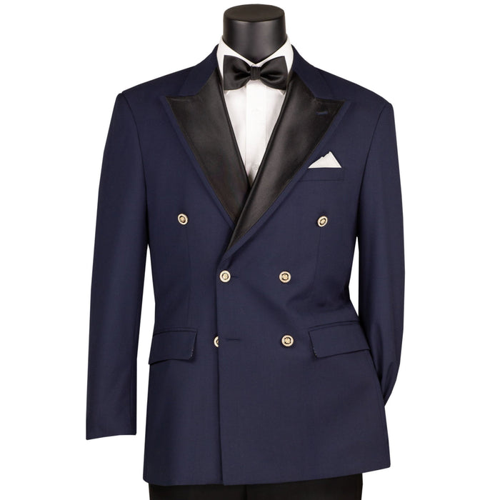 VINCI Men's Midnight Blue Double-Breasted Modern Fit Tuxedo Jacket – NEW. Features a tailored modern fit silhouette with sateen peak lapel, covered buttons, and fully lined construction for a polished black-tie look. Ideal for weddings, formal events, and elegant evenings. Available at Fashion House Inc. (FH Menswear, Style #BM-DB)