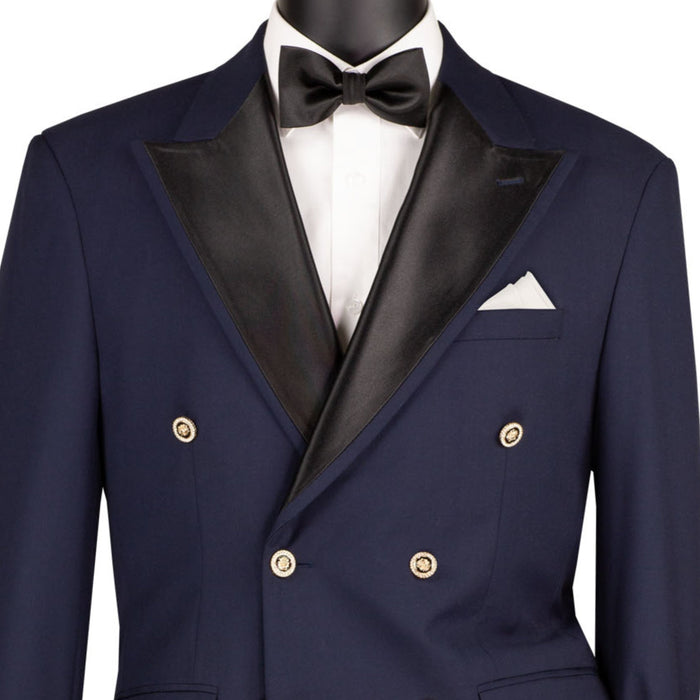 VINCI Men's Midnight Blue Double-Breasted Modern Fit Tuxedo Jacket – NEW. Features a tailored modern fit silhouette with sateen peak lapel, covered buttons, and fully lined construction for a polished black-tie look. Ideal for weddings, formal events, and elegant evenings. Available at Fashion House Inc. (FH Menswear, Style #BM-DB)