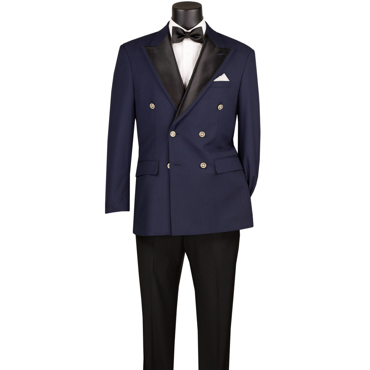 VINCI Men's Midnight Blue Double-Breasted Modern Fit Tuxedo Jacket – NEW. Features a tailored modern fit silhouette with sateen peak lapel, covered buttons, and fully lined construction for a polished black-tie look. Ideal for weddings, formal events, and elegant evenings. Available at Fashion House Inc. (FH Menswear, Style #BM-DB)