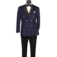 VINCI Men's Midnight Blue Double-Breasted Modern Fit Tuxedo Jacket – NEW. Features a tailored modern fit silhouette with sateen peak lapel, covered buttons, and fully lined construction for a polished black-tie look. Ideal for weddings, formal events, and elegant evenings. Available at Fashion House Inc. (FH Menswear, Style #BM-DB)