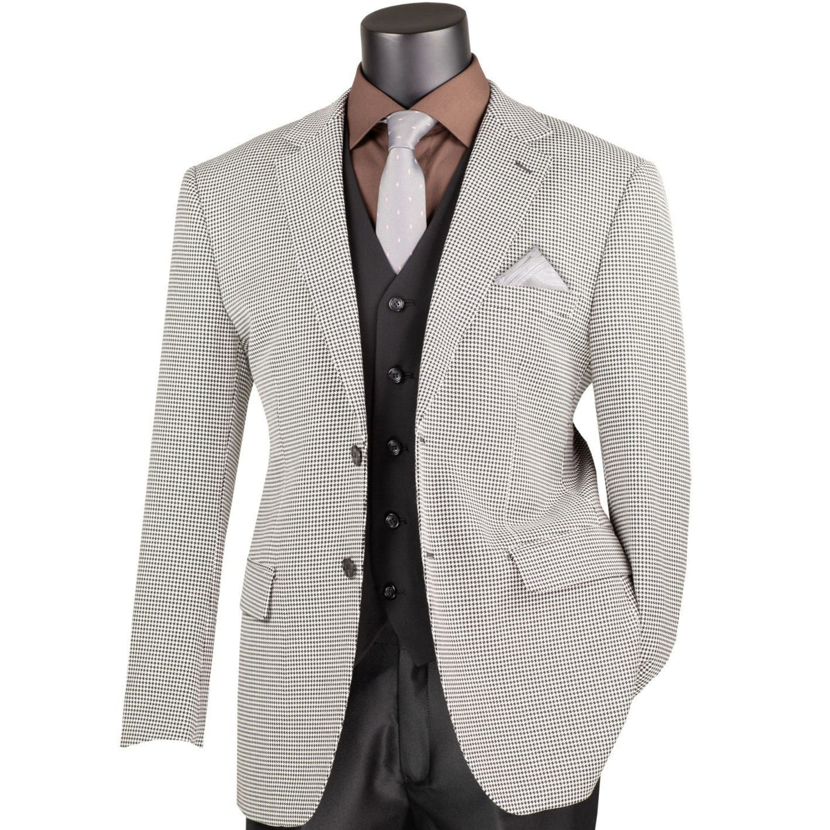 VINCI Men's Black 2 Button Houndstooth Modern Fit Blazer – NEW. Features a tailored modern fit silhouette with classic houndstooth pattern, notch lapel, and fully lined construction for refined everyday style. A versatile blazer for formal or casual occasions. Available at Fashion House Inc. (FH Menswear, Style #BM-HT)