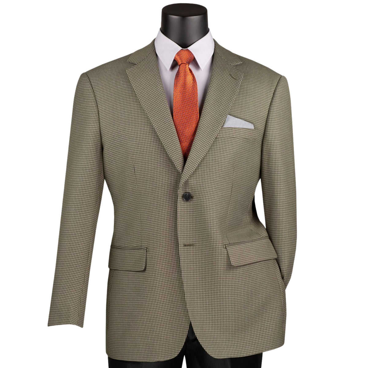VINCI Men's Olive 2 Button Houndstooth Modern Fit Blazer – NEW. Features a tailored modern fit silhouette with classic houndstooth pattern, notch lapel, and fully lined construction for refined everyday style. A versatile blazer for formal or casual occasions. Available at Fashion House Inc. (FH Menswear, Style #BM-HT)