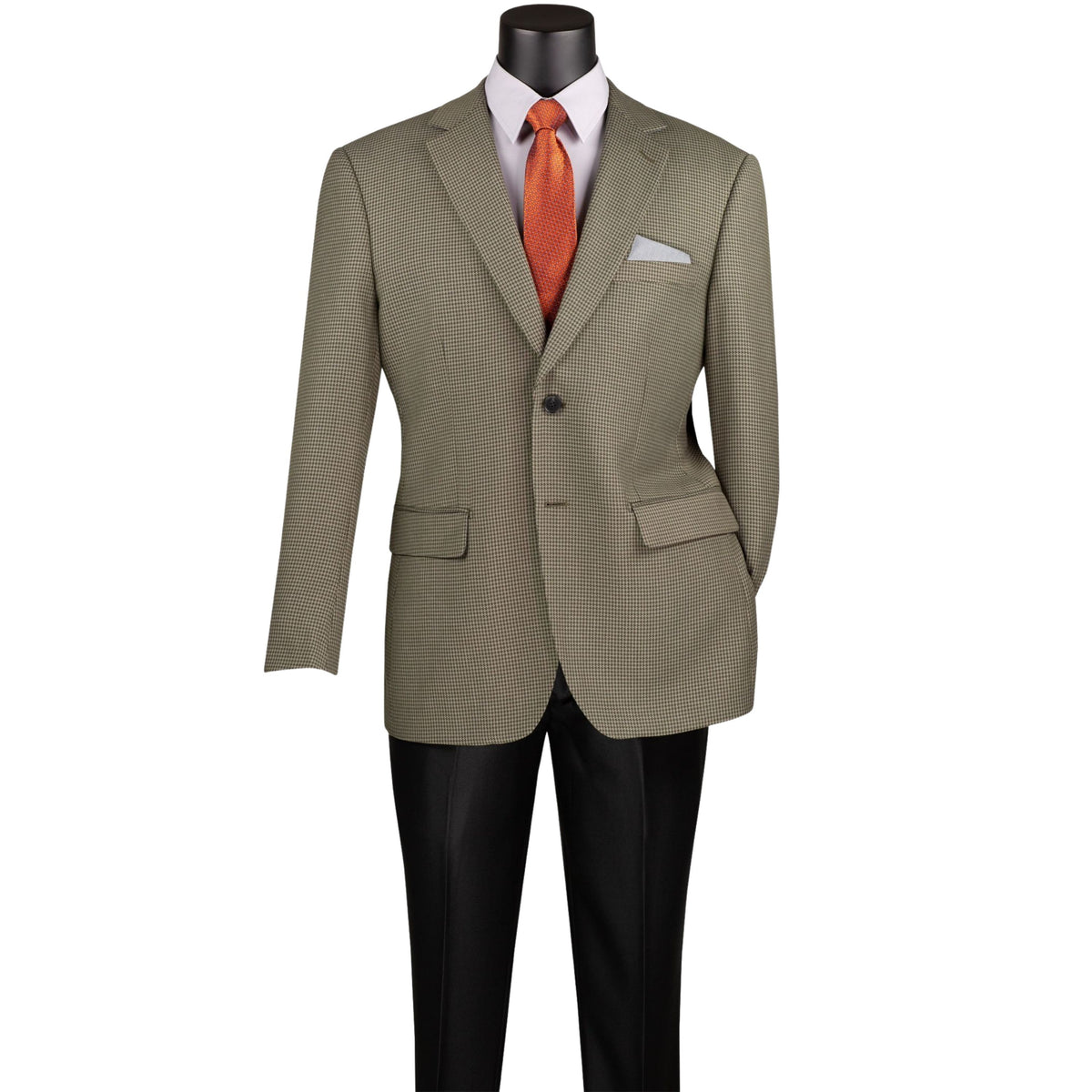 VINCI Men's Olive 2 Button Houndstooth Modern Fit Blazer – NEW. Features a tailored modern fit silhouette with classic houndstooth pattern, notch lapel, and fully lined construction for refined everyday style. A versatile blazer for formal or casual occasions. Available at Fashion House Inc. (FH Menswear, Style #BM-HT)