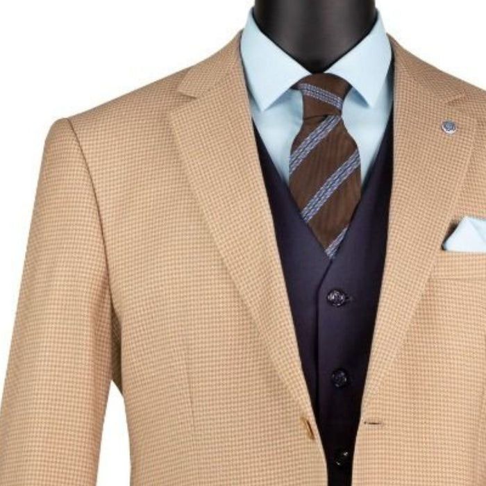 VINCI Men's Tan 2 Button Houndstooth Modern Fit Blazer – NEW. Features a tailored modern fit silhouette with classic houndstooth pattern, notch lapel, and fully lined construction for refined everyday style. A versatile blazer for formal or casual occasions. Available at Fashion House Inc. (FH Menswear, Style #BM-HT)
