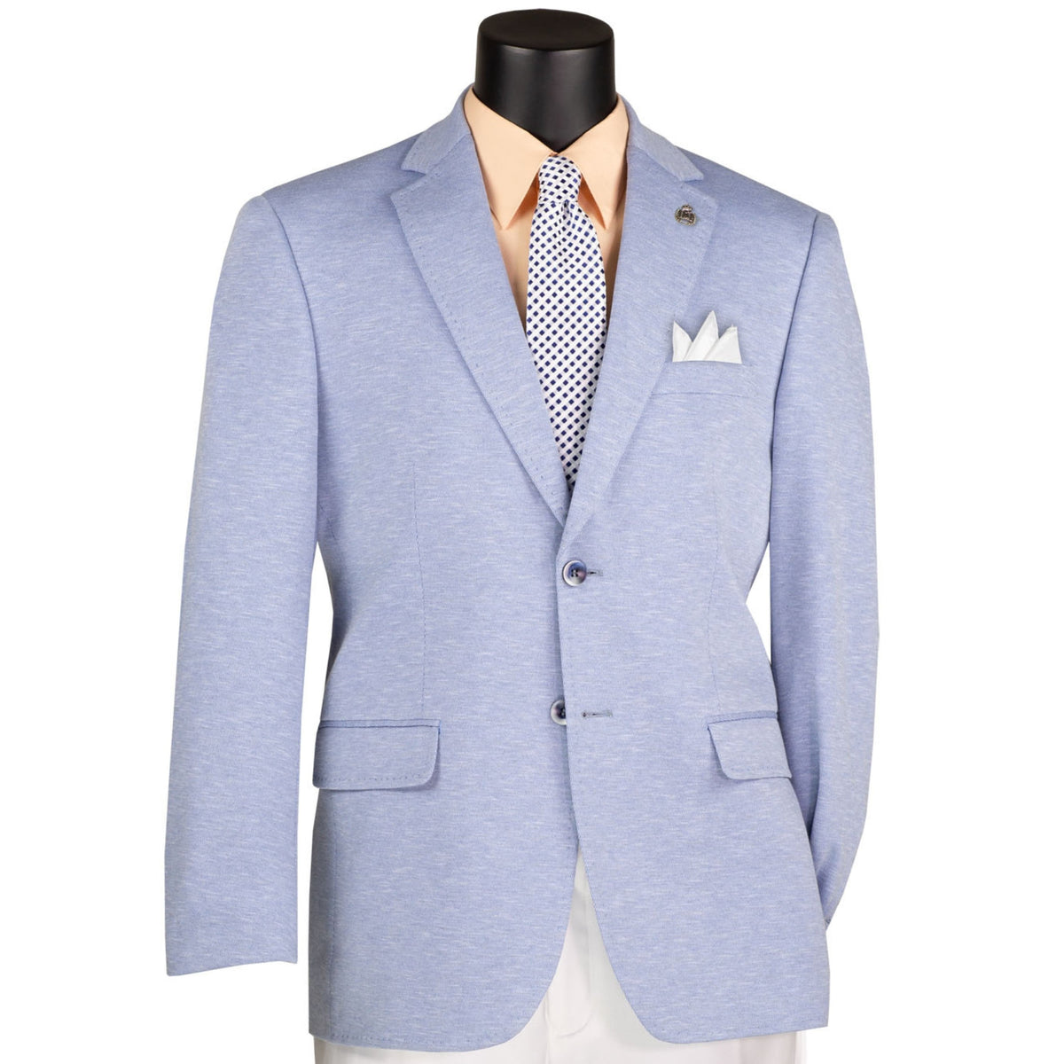 VINCI Men's Light Blue 2 Button Textured Modern Fit Blazer – NEW. Features super stretch textured weave fabric, stitched lapel, center vent, built-in pocket square, and tailored modern fit for comfort and style. A versatile sport coat for business or casual wear. Available at Fashion House Inc. (FH Menswear, Style #BMK-2)