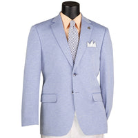 VINCI Men's Light Blue 2 Button Textured Modern Fit Blazer – NEW. Features super stretch textured weave fabric, stitched lapel, center vent, built-in pocket square, and tailored modern fit for comfort and style. A versatile sport coat for business or casual wear. Available at Fashion House Inc. (FH Menswear, Style #BMK-2)