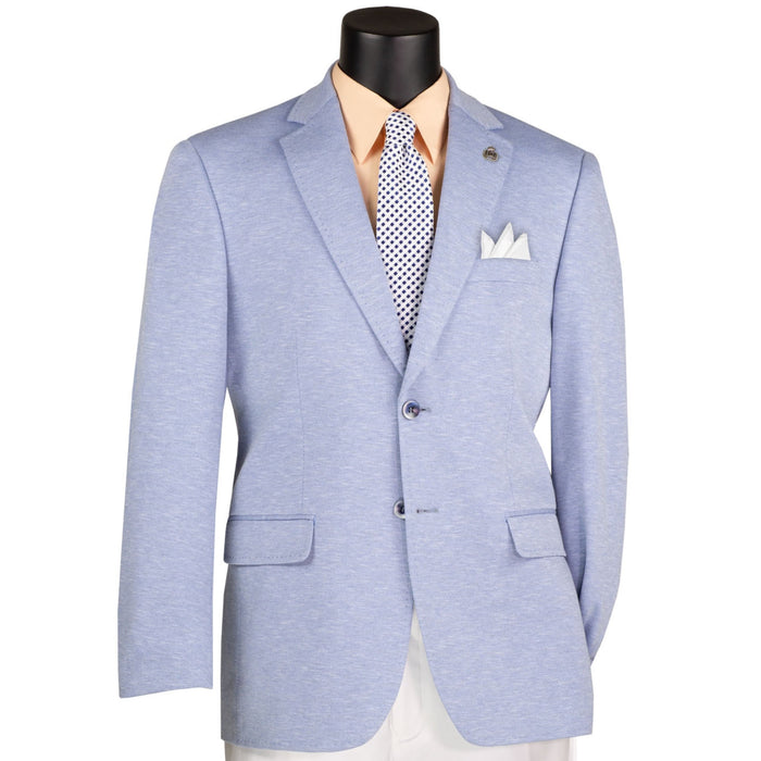 VINCI Men's Light Blue 2 Button Textured Modern Fit Blazer – NEW. Features super stretch textured weave fabric, stitched lapel, center vent, built-in pocket square, and tailored modern fit for comfort and style. A versatile sport coat for business or casual wear. Available at Fashion House Inc. (FH Menswear, Style #BMK-2)
