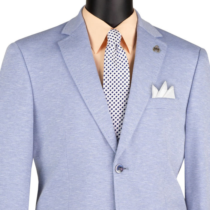 VINCI Men's Light Blue 2 Button Textured Modern Fit Blazer – NEW. Features super stretch textured weave fabric, stitched lapel, center vent, built-in pocket square, and tailored modern fit for comfort and style. A versatile sport coat for business or casual wear. Available at Fashion House Inc. (FH Menswear, Style #BMK-2)