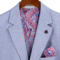 VINCI Men's Light Blue 2 Button Textured Modern Fit Blazer – NEW. Features super stretch textured weave fabric, stitched lapel, center vent, built-in pocket square, and tailored modern fit for comfort and style. A versatile sport coat for business or casual wear. Available at Fashion House Inc. (FH Menswear, Style #BMK-2)