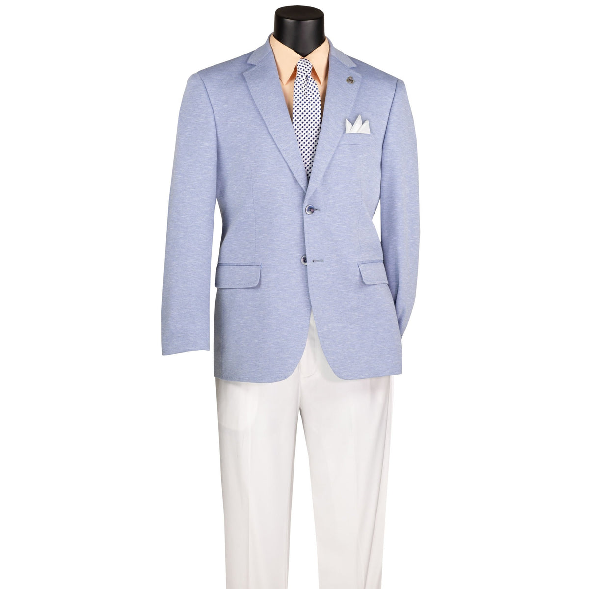 VINCI Men's Light Blue 2 Button Textured Modern Fit Blazer – NEW. Features super stretch textured weave fabric, stitched lapel, center vent, built-in pocket square, and tailored modern fit for comfort and style. A versatile sport coat for business or casual wear. Available at Fashion House Inc. (FH Menswear, Style #BMK-2)