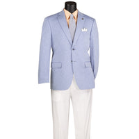 VINCI Men's Light Blue 2 Button Textured Modern Fit Blazer – NEW. Features super stretch textured weave fabric, stitched lapel, center vent, built-in pocket square, and tailored modern fit for comfort and style. A versatile sport coat for business or casual wear. Available at Fashion House Inc. (FH Menswear, Style #BMK-2)