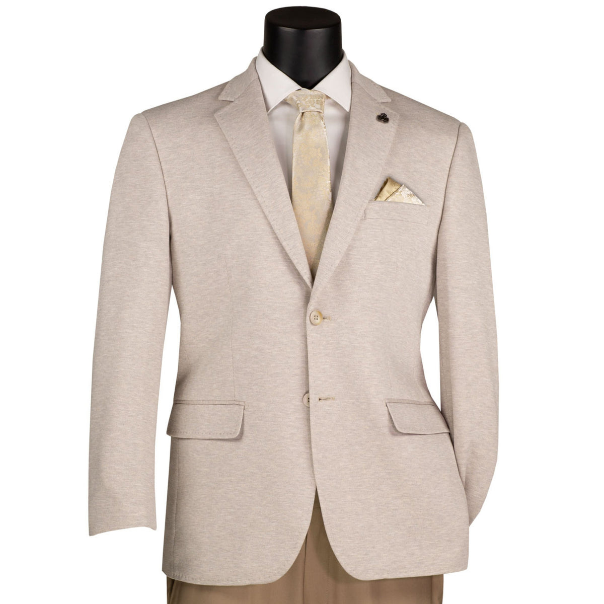 VINCI Men's Oatmeal 2 Button Textured Modern Fit Blazer – NEW. Features super stretch textured weave fabric, stitched lapel, center vent, built-in pocket square, and tailored modern fit for comfort and style. A versatile sport coat for business or casual wear. Available at Fashion House Inc. (FH Menswear, Style #BMK-2)