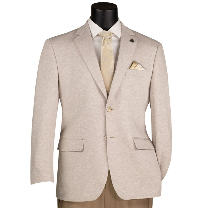 VINCI Men's Oatmeal 2 Button Textured Modern Fit Blazer – NEW. Features super stretch textured weave fabric, stitched lapel, center vent, built-in pocket square, and tailored modern fit for comfort and style. A versatile sport coat for business or casual wear. Available at Fashion House Inc. (FH Menswear, Style #BMK-2)