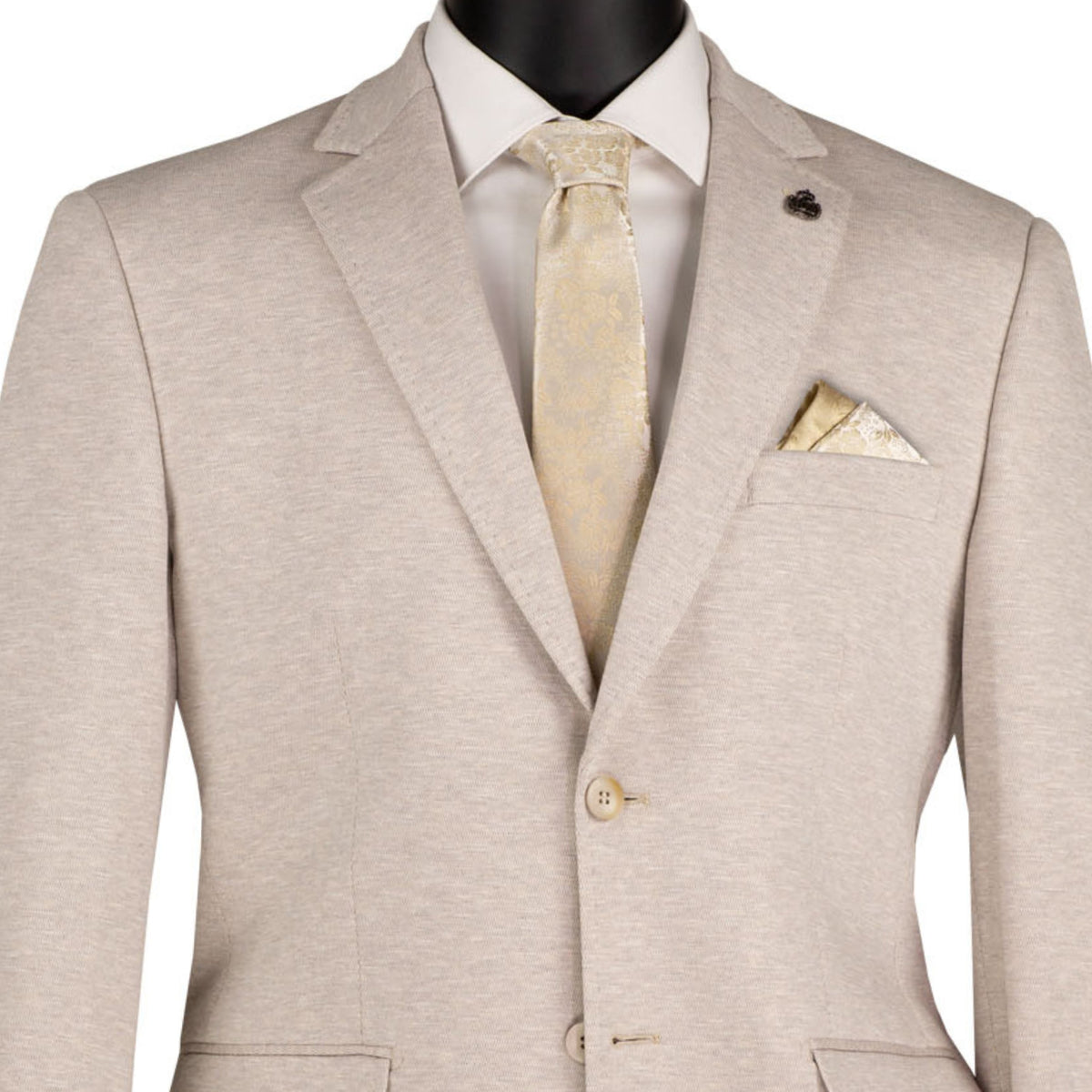VINCI Men's Oatmeal 2 Button Textured Modern Fit Blazer – NEW. Features super stretch textured weave fabric, stitched lapel, center vent, built-in pocket square, and tailored modern fit for comfort and style. A versatile sport coat for business or casual wear. Available at Fashion House Inc. (FH Menswear, Style #BMK-2)