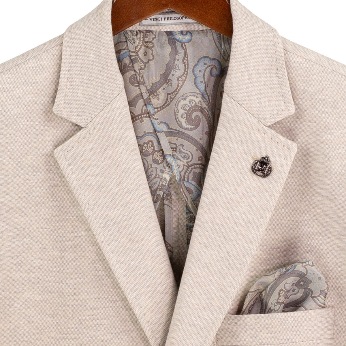 VINCI Men's Oatmeal 2 Button Textured Modern Fit Blazer – NEW. Features super stretch textured weave fabric, stitched lapel, center vent, built-in pocket square, and tailored modern fit for comfort and style. A versatile sport coat for business or casual wear. Available at Fashion House Inc. (FH Menswear, Style #BMK-2)
