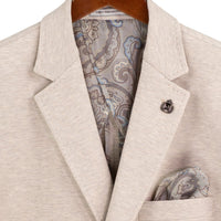 VINCI Men's Oatmeal 2 Button Textured Modern Fit Blazer – NEW. Features super stretch textured weave fabric, stitched lapel, center vent, built-in pocket square, and tailored modern fit for comfort and style. A versatile sport coat for business or casual wear. Available at Fashion House Inc. (FH Menswear, Style #BMK-2)