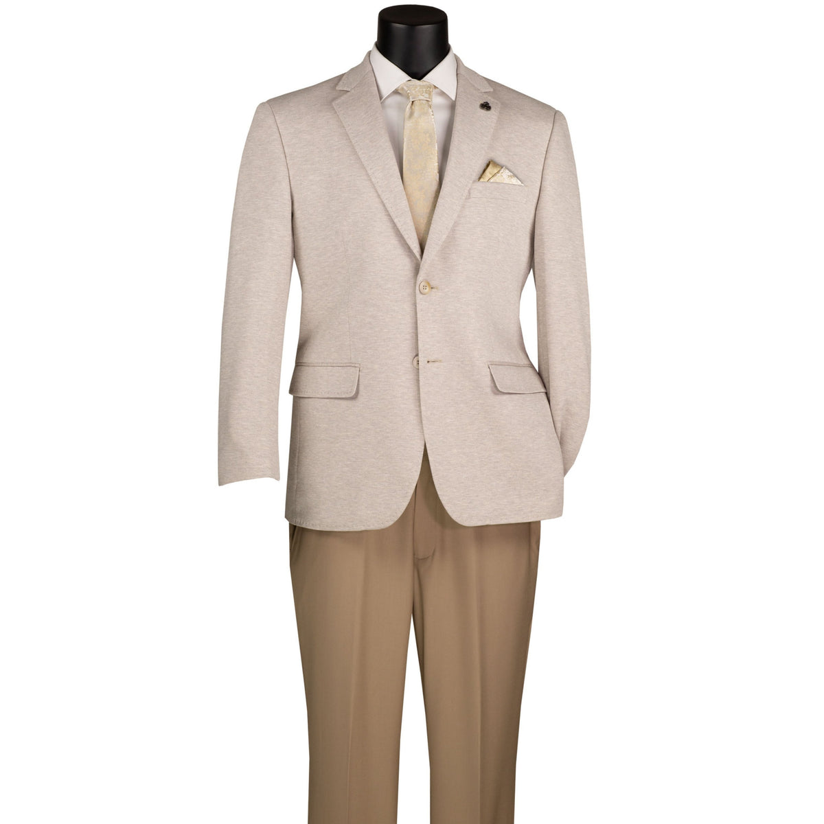 VINCI Men's Oatmeal 2 Button Textured Modern Fit Blazer – NEW. Features super stretch textured weave fabric, stitched lapel, center vent, built-in pocket square, and tailored modern fit for comfort and style. A versatile sport coat for business or casual wear. Available at Fashion House Inc. (FH Menswear, Style #BMK-2)