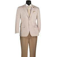 VINCI Men's Oatmeal 2 Button Textured Modern Fit Blazer – NEW. Features super stretch textured weave fabric, stitched lapel, center vent, built-in pocket square, and tailored modern fit for comfort and style. A versatile sport coat for business or casual wear. Available at Fashion House Inc. (FH Menswear, Style #BMK-2)