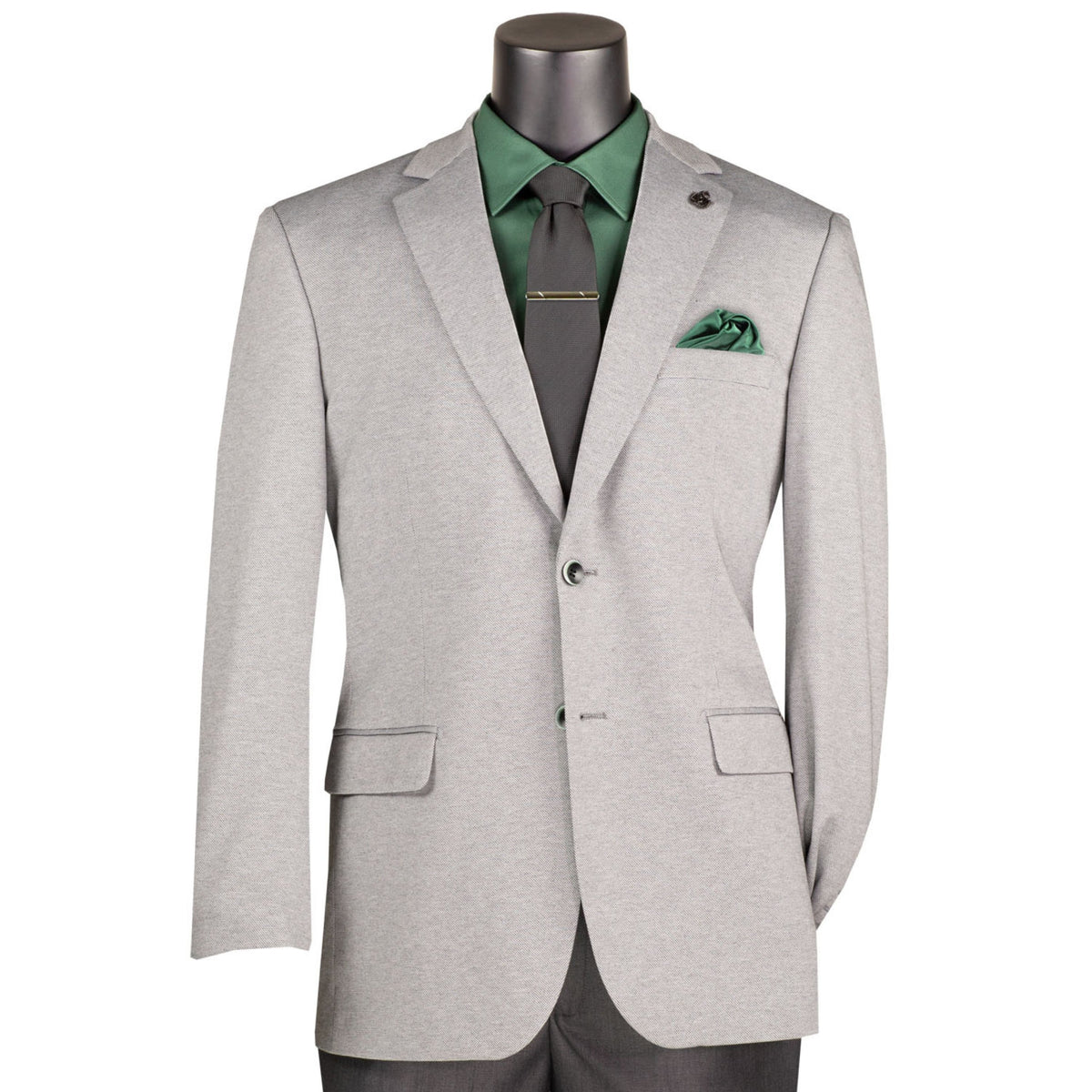 VINCI Men's Light Gray Textured Stretch 2 Button Regular Fit Blazer – NEW. Features super stretch textured weave fabric, center vent, built-in pocket square, and regular fit silhouette for all-day comfort and polished style. A versatile sport coat for business or casual wear. Available at Fashion House Inc. (FH Menswear, Style #BRK-4)