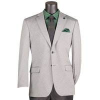 VINCI Men's Light Gray Textured Stretch 2 Button Regular Fit Blazer – NEW. Features super stretch textured weave fabric, center vent, built-in pocket square, and regular fit silhouette for all-day comfort and polished style. A versatile sport coat for business or casual wear. Available at Fashion House Inc. (FH Menswear, Style #BRK-4)