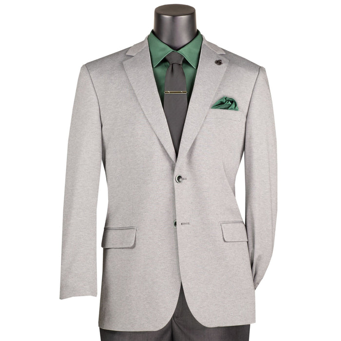 VINCI Men's Light Gray Textured Stretch 2 Button Regular Fit Blazer – NEW. Features super stretch textured weave fabric, center vent, built-in pocket square, and regular fit silhouette for all-day comfort and polished style. A versatile sport coat for business or casual wear. Available at Fashion House Inc. (FH Menswear, Style #BRK-4)