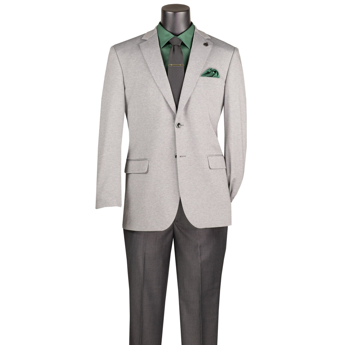 VINCI Men's Light Gray Textured Stretch 2 Button Regular Fit Blazer – NEW. Features super stretch textured weave fabric, center vent, built-in pocket square, and regular fit silhouette for all-day comfort and polished style. A versatile sport coat for business or casual wear. Available at Fashion House Inc. (FH Menswear, Style #BRK-4)