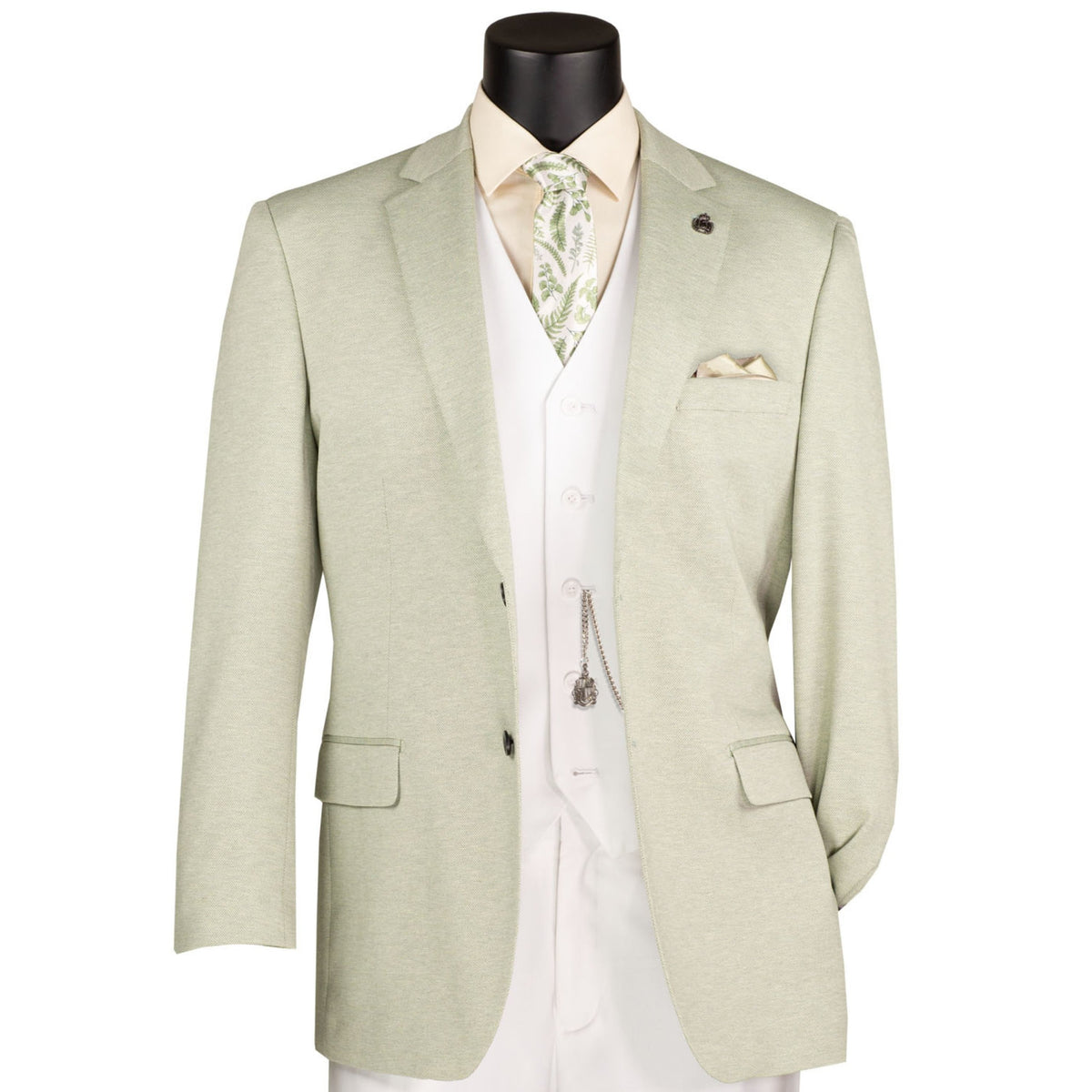 VINCI Men's Light Green Textured Stretch 2 Button Regular Fit Blazer – NEW. Features super stretch textured weave fabric, center vent, built-in pocket square, and regular fit silhouette for all-day comfort and polished style. A versatile sport coat for business or casual wear. Available at Fashion House Inc. (FH Menswear, Style #BRK-4)