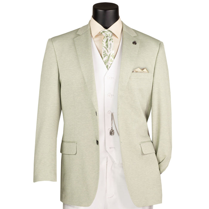 VINCI Men's Light Green Textured Stretch 2 Button Regular Fit Blazer – NEW. Features super stretch textured weave fabric, center vent, built-in pocket square, and regular fit silhouette for all-day comfort and polished style. A versatile sport coat for business or casual wear. Available at Fashion House Inc. (FH Menswear, Style #BRK-4)
