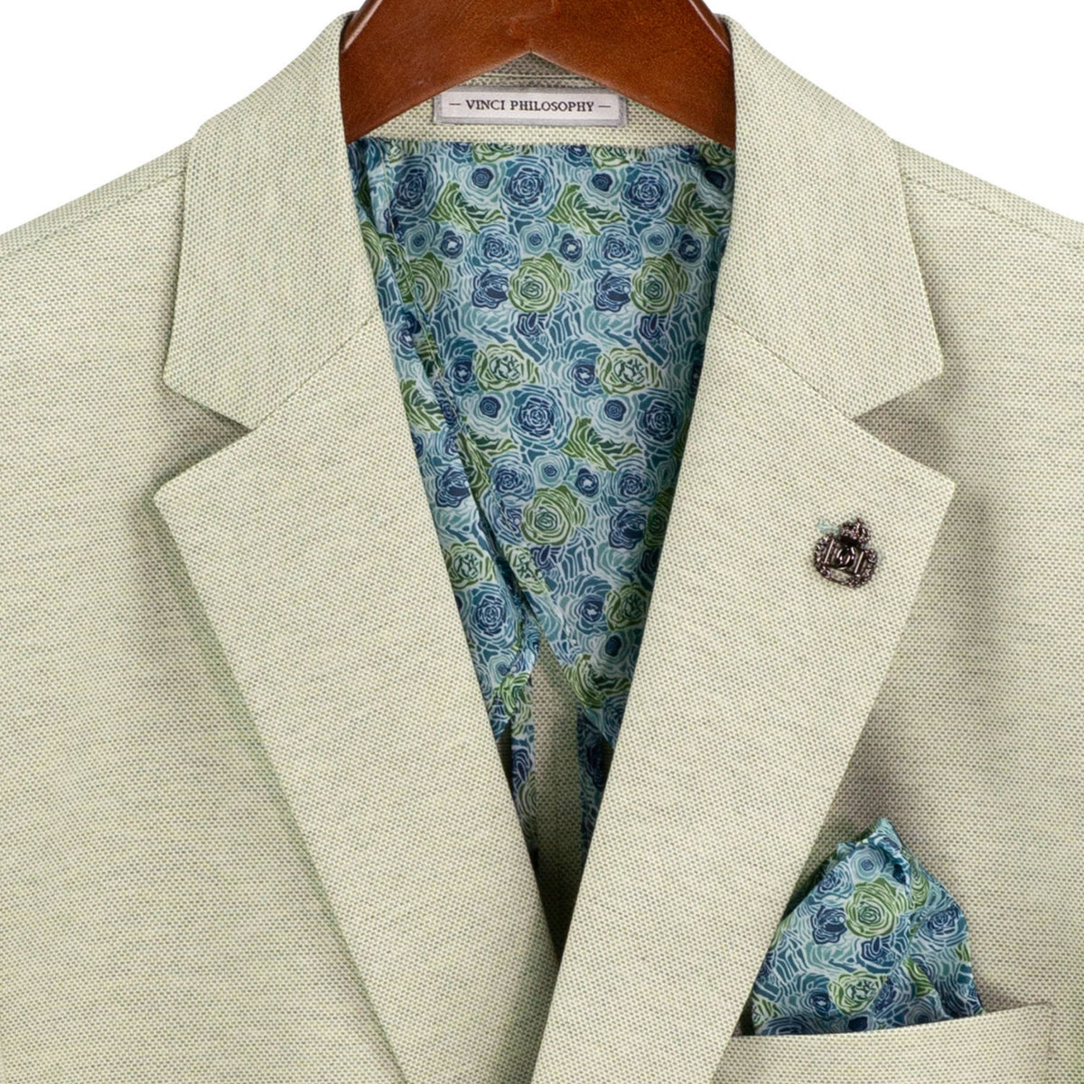VINCI Men's Light Green Textured Stretch 2 Button Regular Fit Blazer – NEW. Features super stretch textured weave fabric, center vent, built-in pocket square, and regular fit silhouette for all-day comfort and polished style. A versatile sport coat for business or casual wear. Available at Fashion House Inc. (FH Menswear, Style #BRK-4)