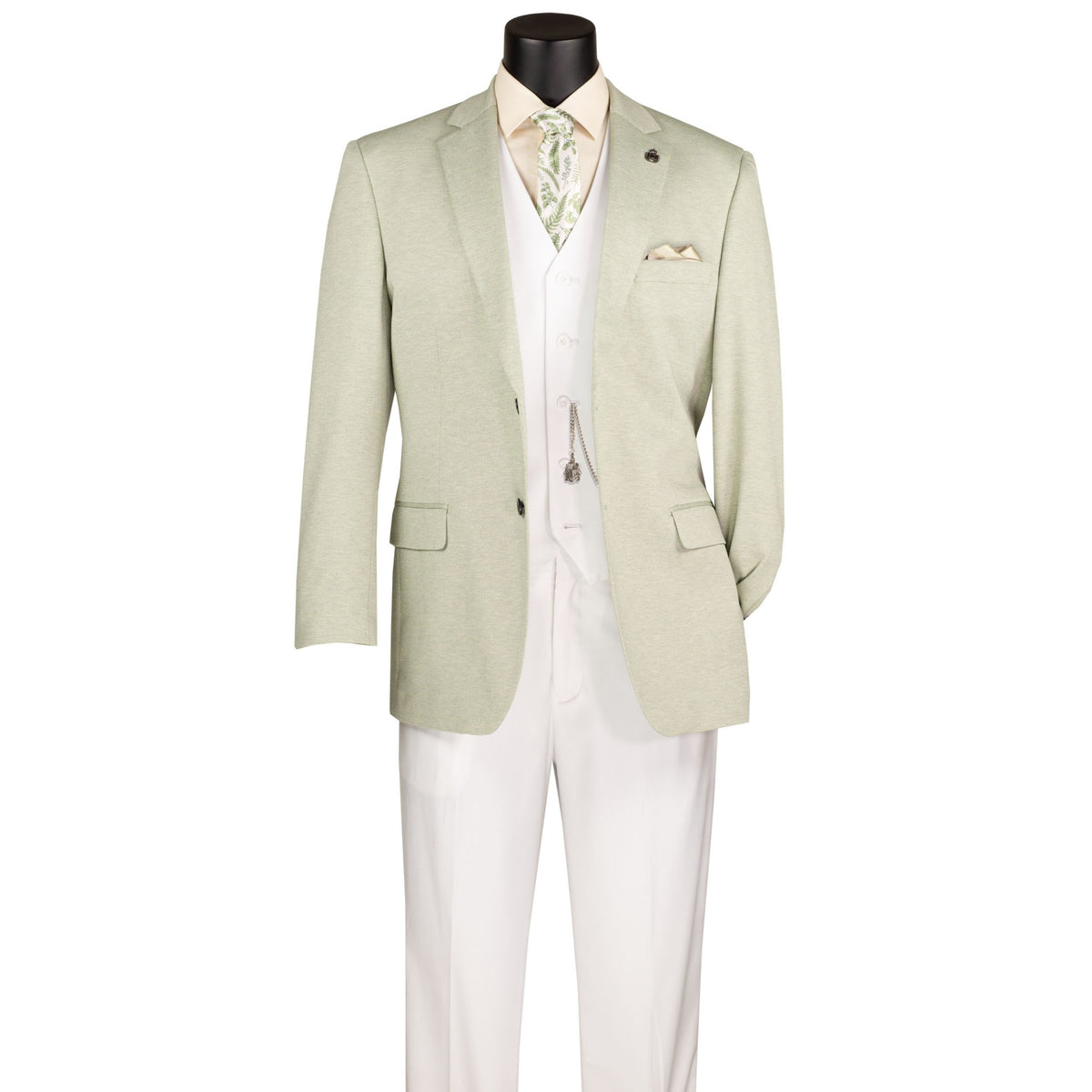 VINCI Men's Light Green Textured Stretch 2 Button Regular Fit Blazer – NEW. Features super stretch textured weave fabric, center vent, built-in pocket square, and regular fit silhouette for all-day comfort and polished style. A versatile sport coat for business or casual wear. Available at Fashion House Inc. (FH Menswear, Style #BRK-4)