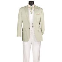 VINCI Men's Light Green Textured Stretch 2 Button Regular Fit Blazer – NEW. Features super stretch textured weave fabric, center vent, built-in pocket square, and regular fit silhouette for all-day comfort and polished style. A versatile sport coat for business or casual wear. Available at Fashion House Inc. (FH Menswear, Style #BRK-4)