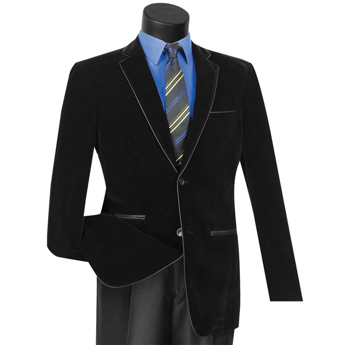 VINCI Men's Black Velvet 2-Button Slim-Fit Blazer with Leather Trim - NEW. Features a rich velvet texture, notch lapel, and sleek slim-fit silhouette with leather trim. Perfect for sophisticated day-to-night transitions and holiday occasions. Available at Fashion House Inc. (FH Menswear)