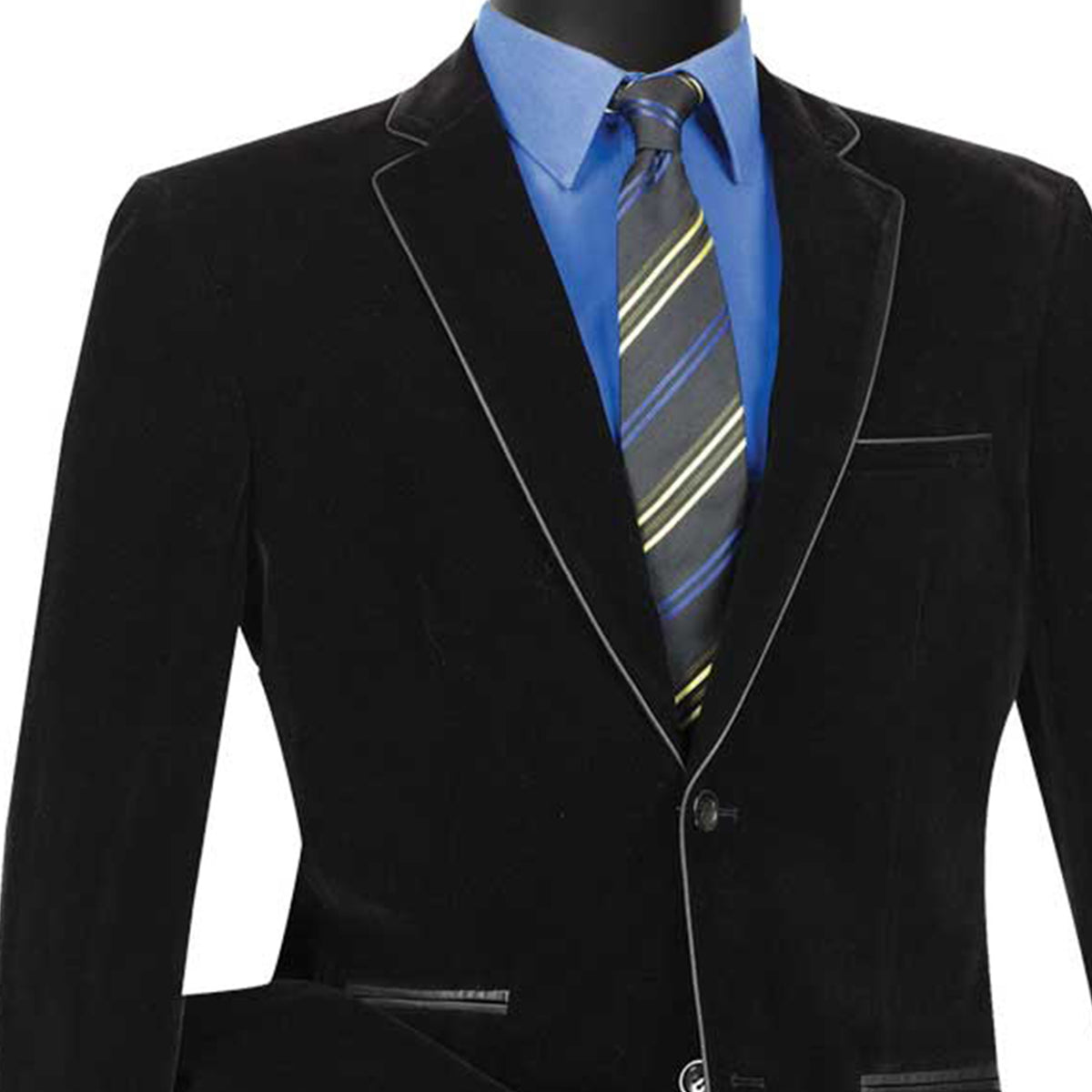 VINCI Men's Black Velvet 2-Button Slim-Fit Blazer with Leather Trim - NEW. Features a rich velvet texture, notch lapel, and sleek slim-fit silhouette with leather trim. Perfect for sophisticated day-to-night transitions and holiday occasions. Available at Fashion House Inc. (FH Menswear)
