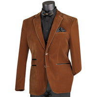 VINCI Men's Bourbon Brown Velvet 2-Button Slim-Fit Blazer with Leather Trim - NEW. Features a rich velvet texture, notch lapel, and sleek slim-fit silhouette with leather trim. Perfect for sophisticated day-to-night transitions and holiday occasions. Available at Fashion House Inc. (FH Menswear)