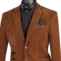 VINCI Men's Bourbon Brown Velvet 2-Button Slim-Fit Blazer with Leather Trim - NEW. Features a rich velvet texture, notch lapel, and sleek slim-fit silhouette with leather trim. Perfect for sophisticated day-to-night transitions and holiday occasions. Available at Fashion House Inc. (FH Menswear)