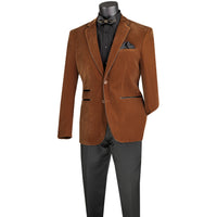 VINCI Men's Bourbon Brown Velvet 2-Button Slim-Fit Blazer with Leather Trim - NEW. Features a rich velvet texture, notch lapel, and sleek slim-fit silhouette with leather trim. Perfect for sophisticated day-to-night transitions and holiday occasions. Available at Fashion House Inc. (FH Menswear)